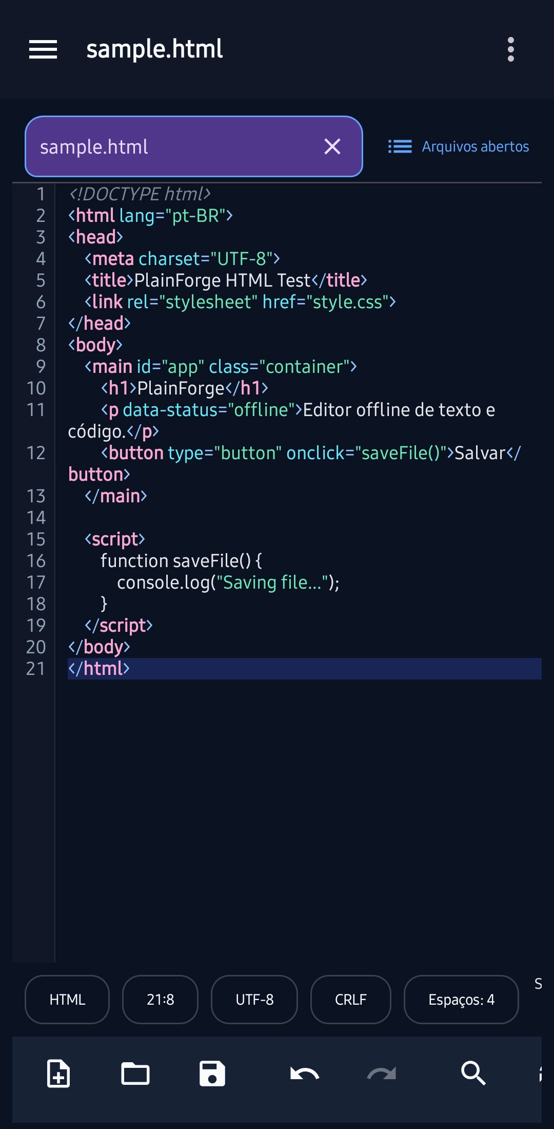 Tela de edição do PlainForge exibindo um arquivo aberto no Android