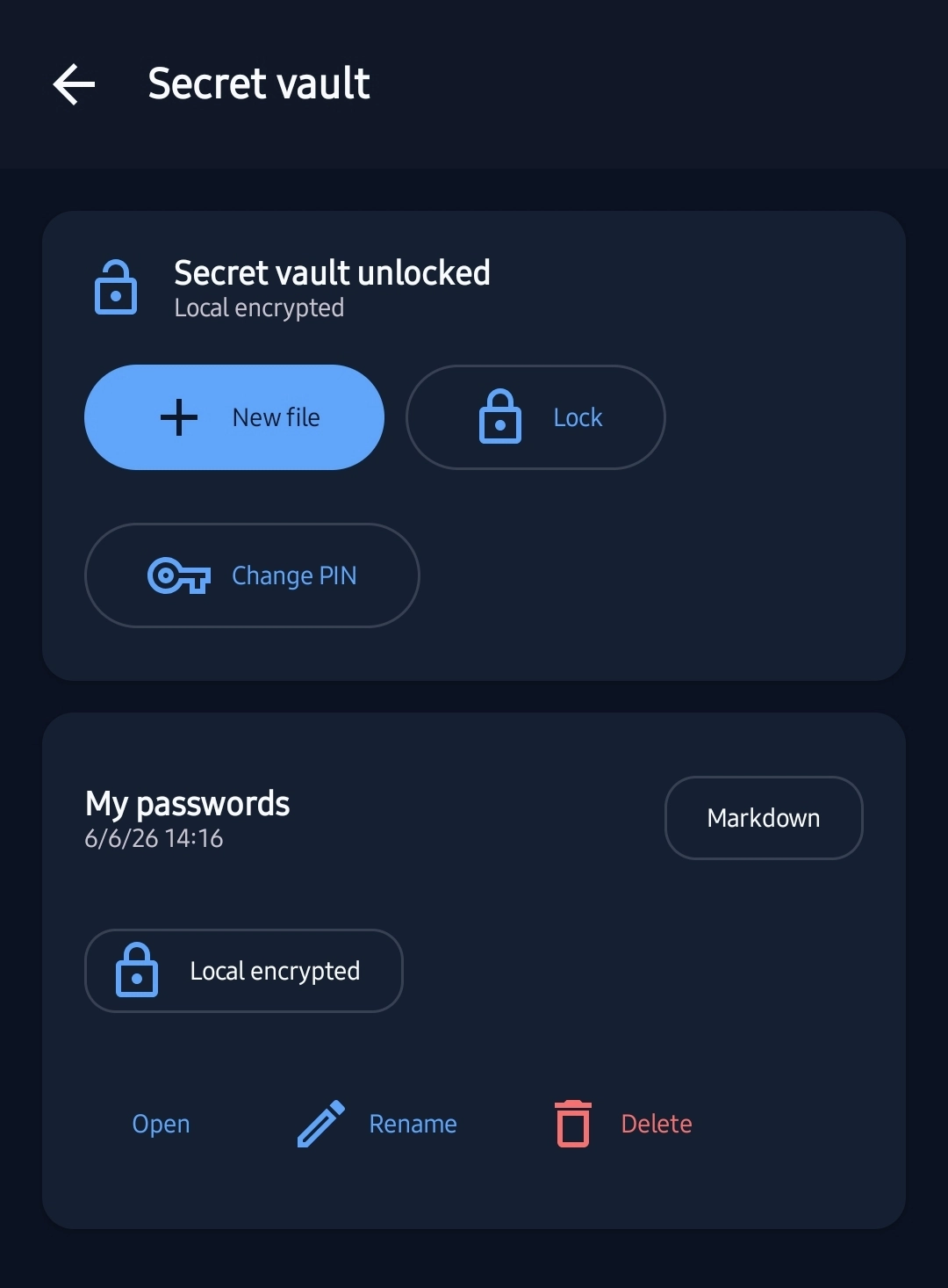 Tela da área secreta local do PlainForge protegida por PIN no Android
